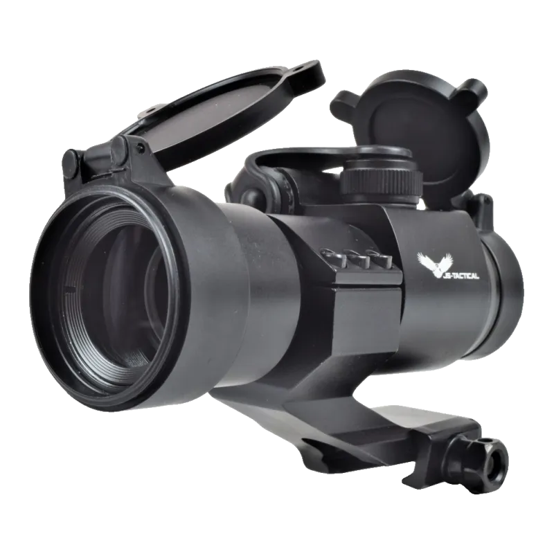 Viseur point rouge JS-Tactical 32 mm vu de l'avant côté logo, rehausse rail 20 mm