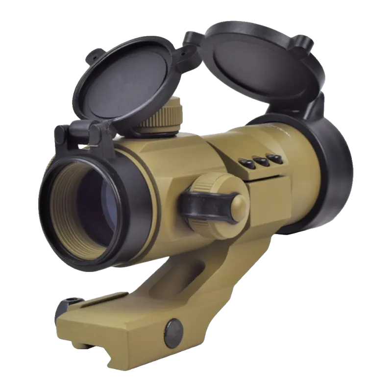 Viseur point rouge JS-Tactical tan 30 mm sur rehausse, vue avant côté capuchon de dérive