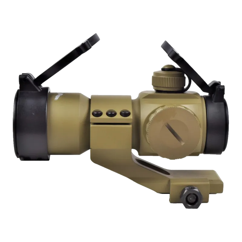 Viseur point rouge JS-Tactical tan sur rehausse, profil côté molette et écrou de serrage