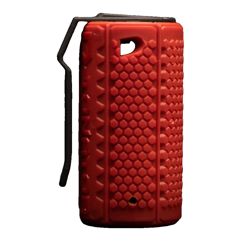 Grenade ASG D-Tonator rouge debout, texture hexagonale antidérapante