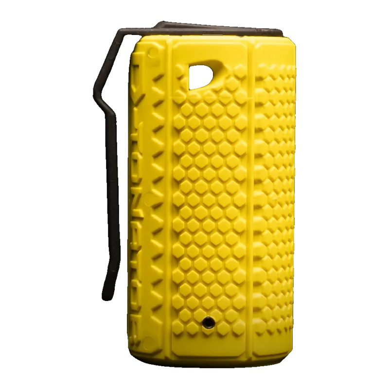 Grenade ASG D-Tonator jaune debout, face texturée et trou de projection des billes