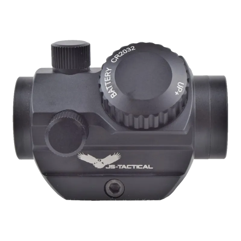 Viseur Micro T1 JS-Tactical noir, flanc avec logo, capuchon de pile CR2032 et molette