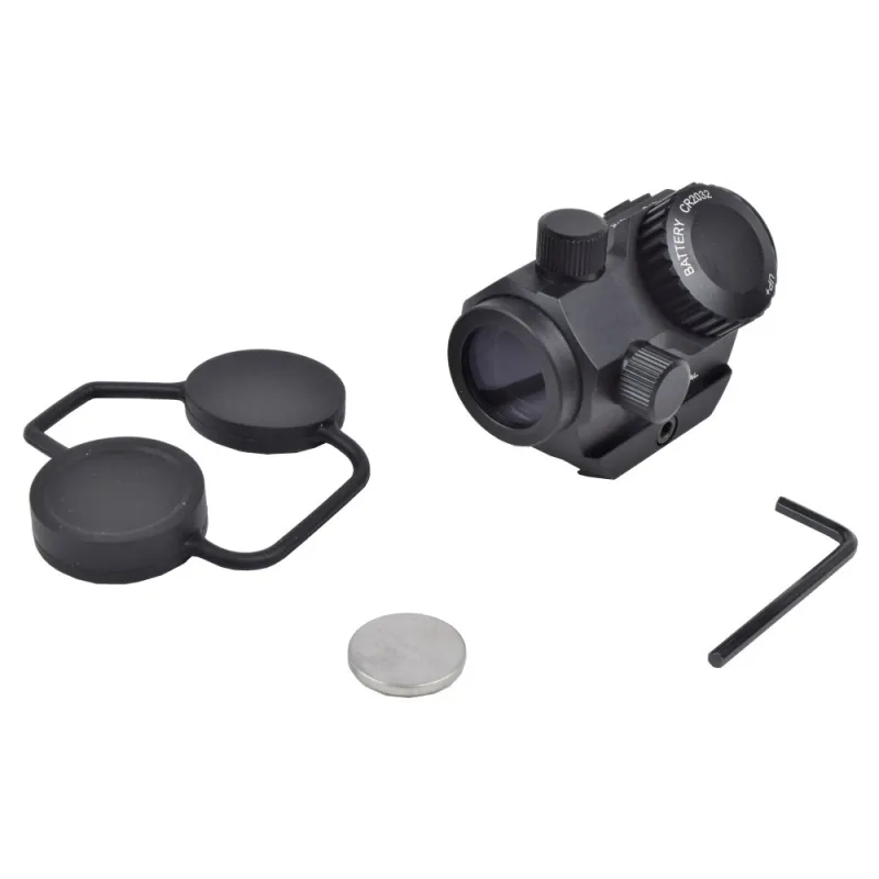 Contenu du viseur Micro T1 JS-Tactical : viseur, caches caoutchouc, pile CR2032 et clé