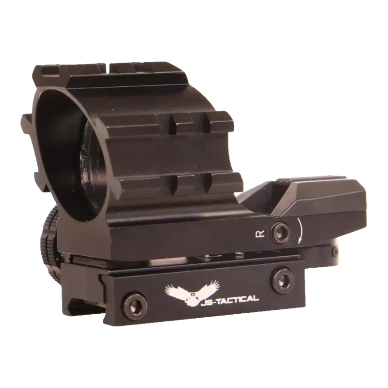 Viseur point rouge JS-Tactical 32 mm noir, vue trois quarts avant, lentille et rails accessoires