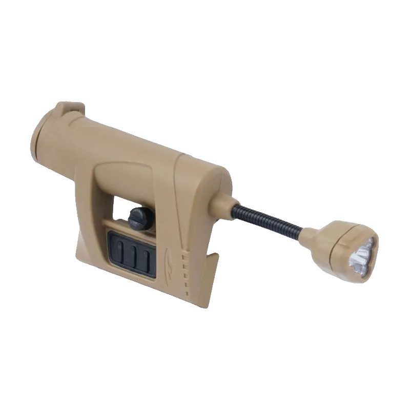 Lampe de casque Tactical Ops MPLS Charge tan, vue 3/4 avec col flexible et tête LED
