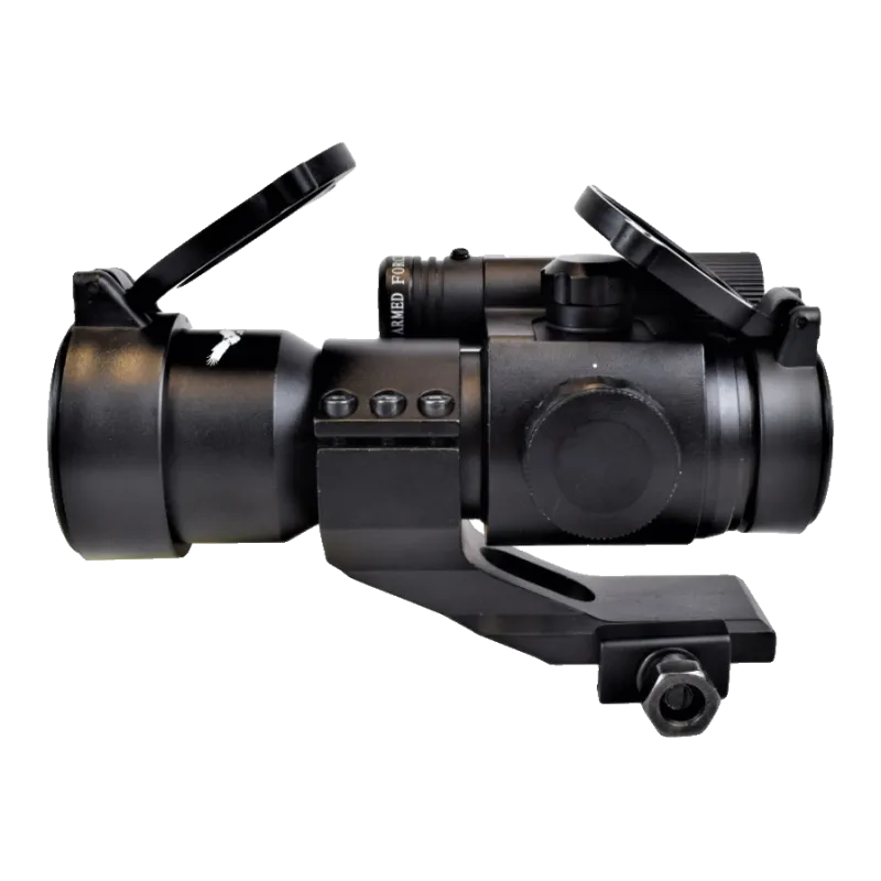 Viseur point rouge 38 mm JS-Tactical noir, profil côté molette, caches ouverts