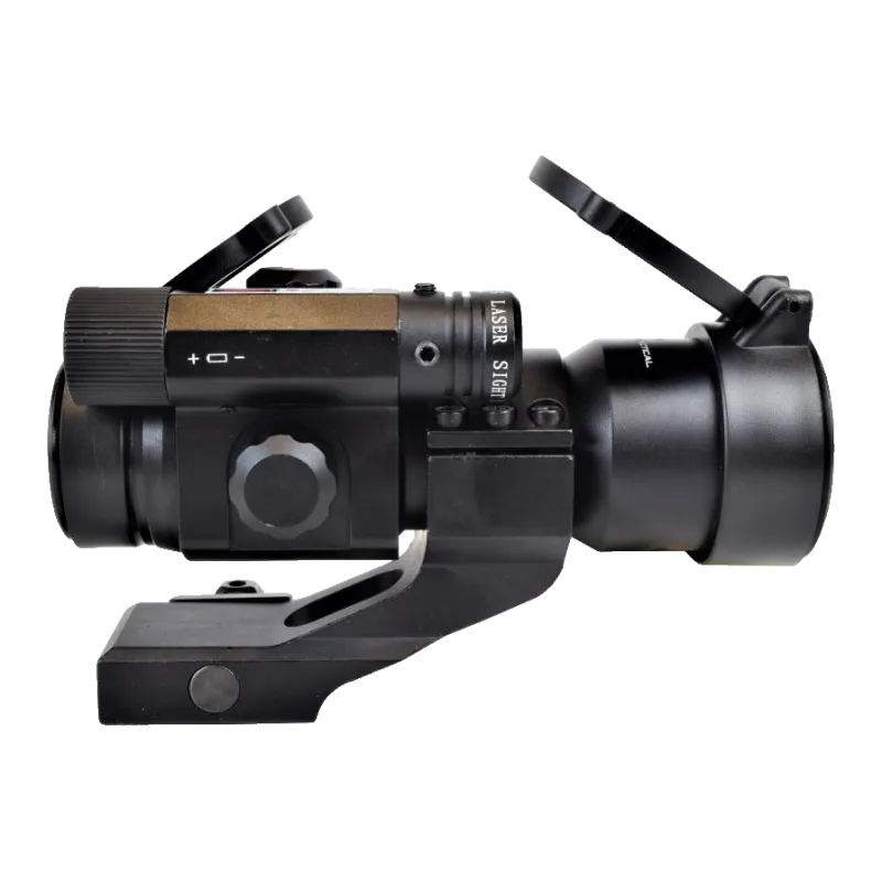 Viseur JS-Tactical lentille 38 mm, profil côté module laser rouge et embase rail 20 mm