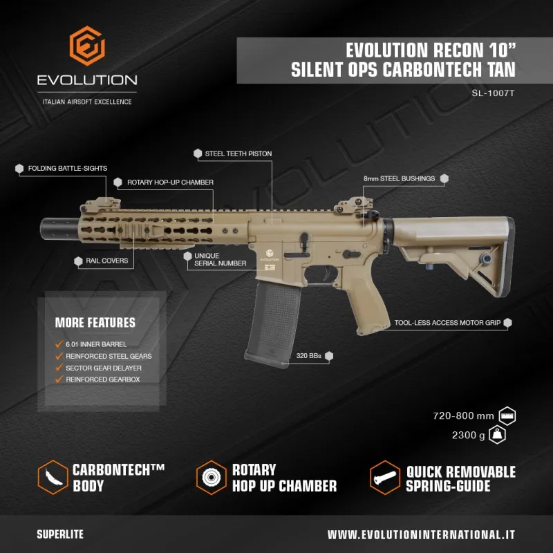 Infographie Evolution de la Recon 10 Silent Ops Carbontech tan avec ses caractéristiques