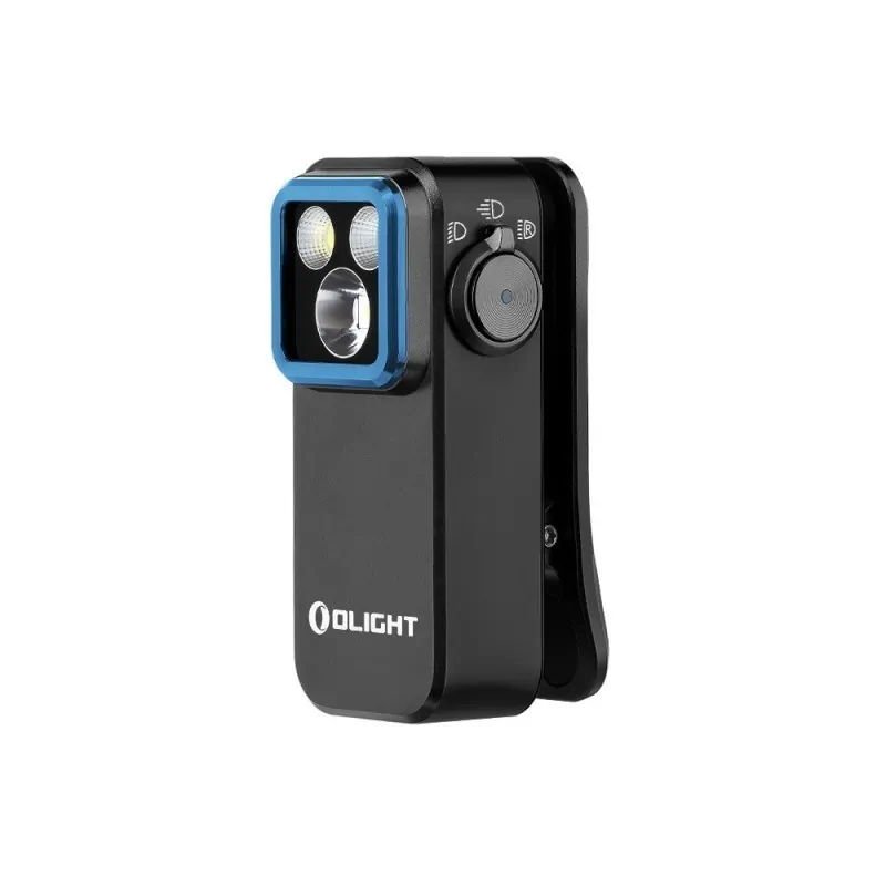 Lampe Olight Oclip Pro noire, vue de trois quarts avec sélecteur de mode et clip