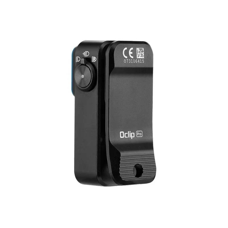 Lampe Olight Oclip Pro noire, vue de profil arrière côté sélecteur et clip