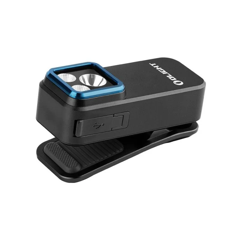 Lampe Olight Oclip Pro noire posée à plat, vue de trois quarts sur le port USB et le clip