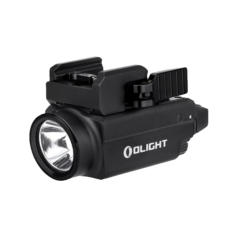 Olight Baldr S noire de trois quarts avant, côté logo Olight et bras de fixation