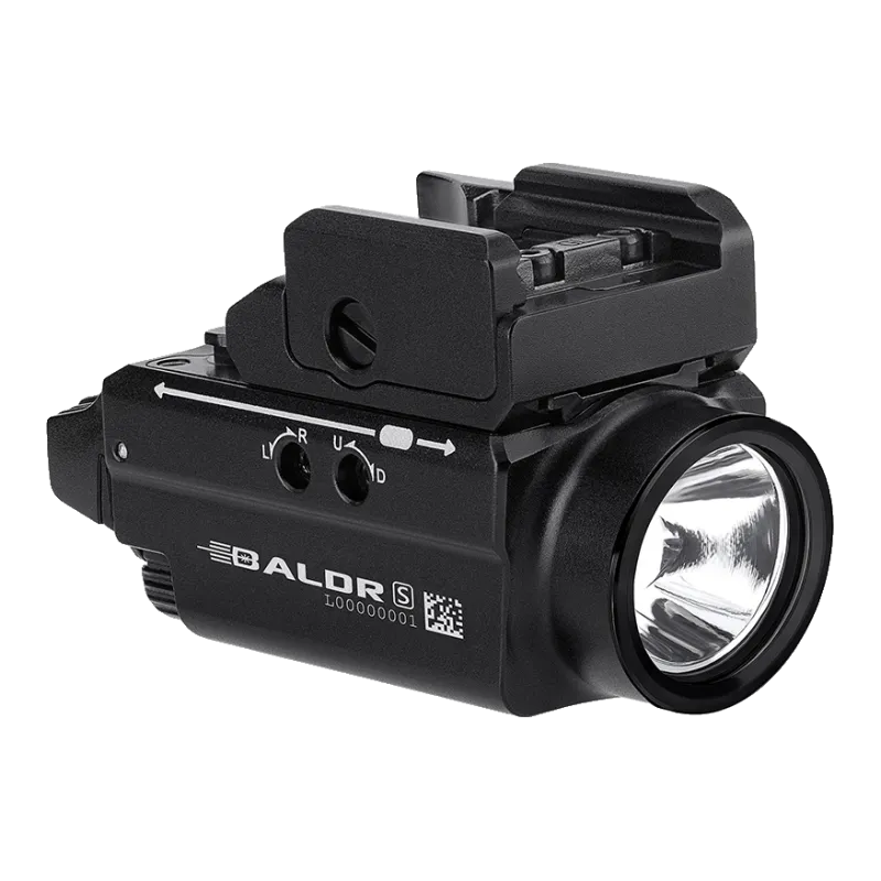 Olight Baldr S noire de trois quarts, marquage Baldr S et vis de réglage du laser