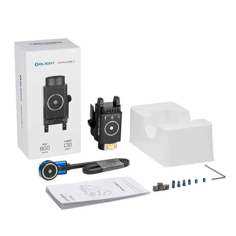 Contenu de la boîte Olight Baldr S : lampe, câble magnétique, notice, vis et clé