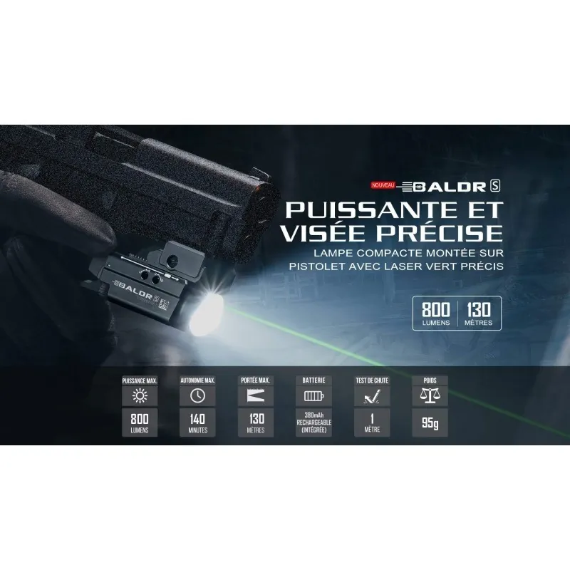 Olight Baldr S montée sur pistolet, laser vert, bannière 800 lumens et 130 mètres