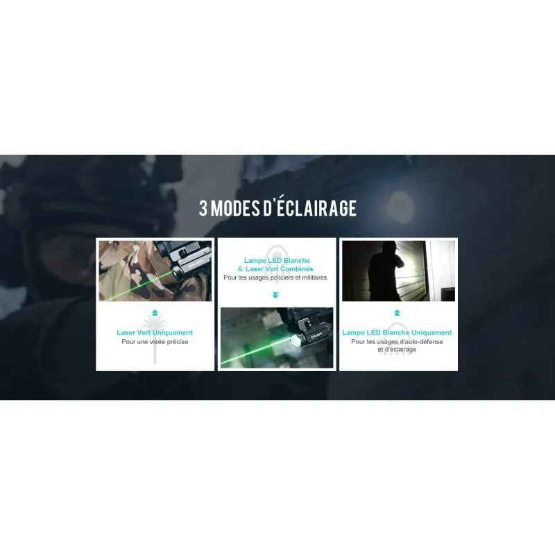 Olight Baldr S, bannière des 3 modes : laser vert seul, LED et laser, LED seule