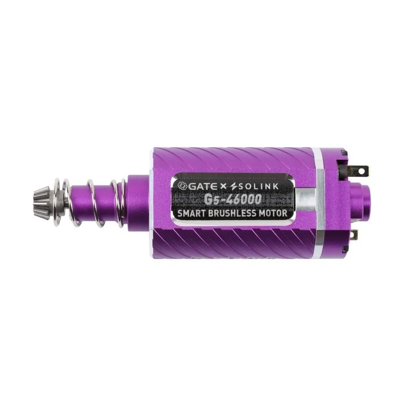 Moteur Gate G5 Plus violet à axe long vu de côté, pignon à gauche