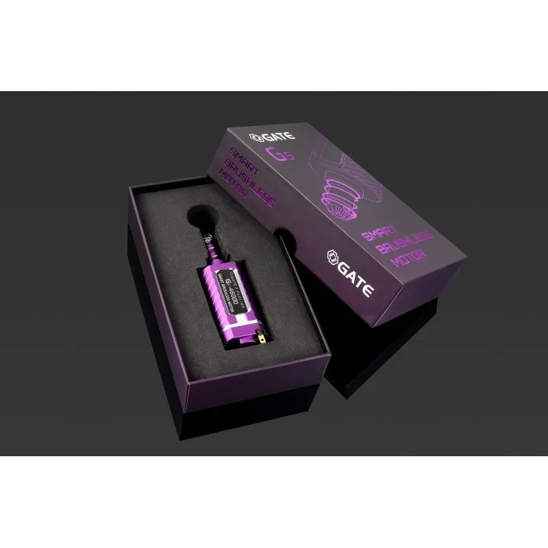 Moteur Gate G5 Plus violet dans sa boîte ouverte avec calage en mousse