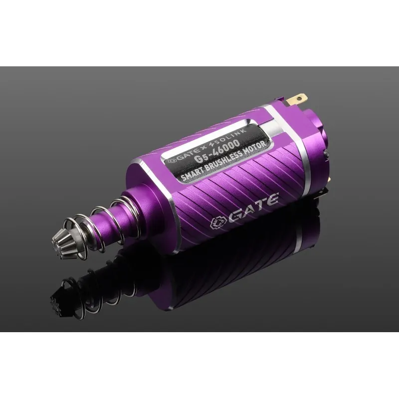 Moteur Gate G5 Plus violet sur fond dégradé gris, vue de trois quarts