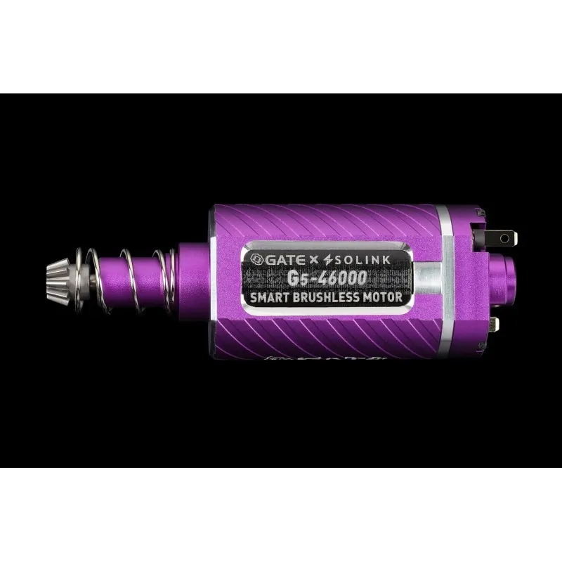 Moteur Gate G5 Plus violet vu de côté sur fond noir, étiquette Gate x Solink G5-46000