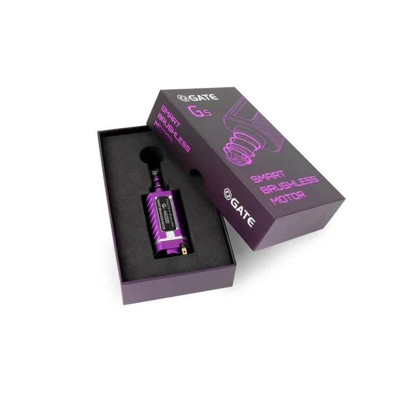 Boîte Gate G5 ouverte avec le moteur violet dans son calage