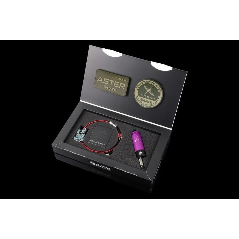 Kit Gate Pulsar H et Aster II Bluetooth dans sa boîte ouverte, fond noir