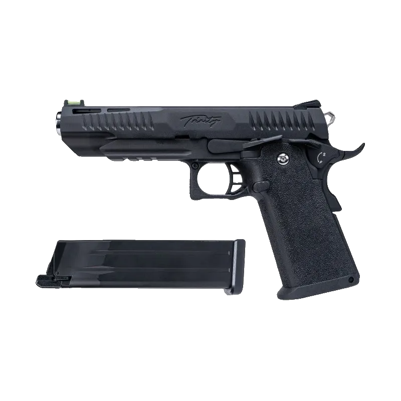Pistolet GBB Modify Hi-Capa 5.1 Trinity noir et son chargeur, profil gauche