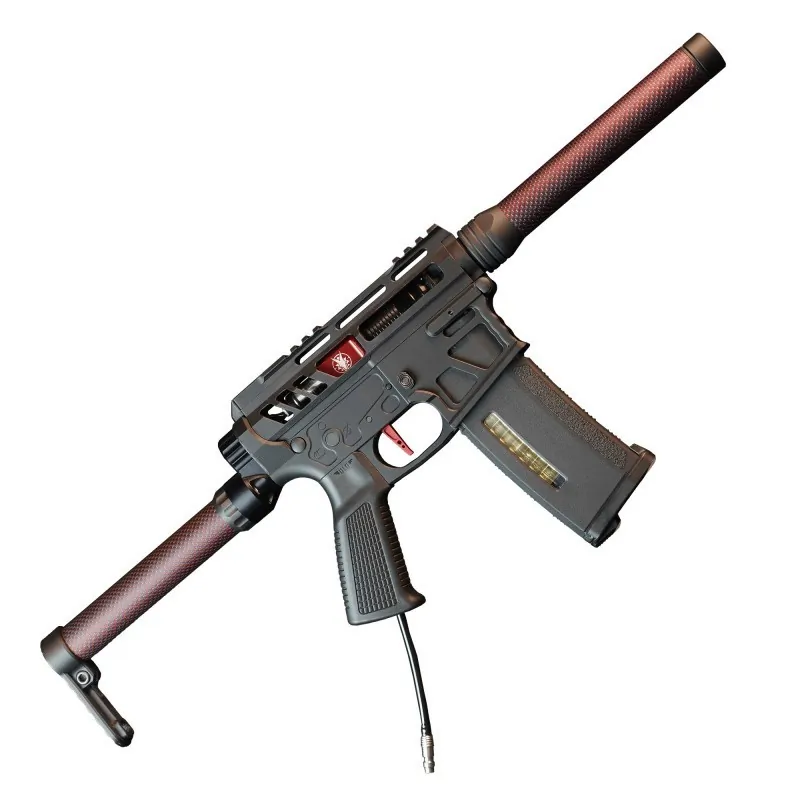 Heretic Labs Article III Wolverine Airsoft HPA détail crosse grip moteur et connecteur ligne air Noir