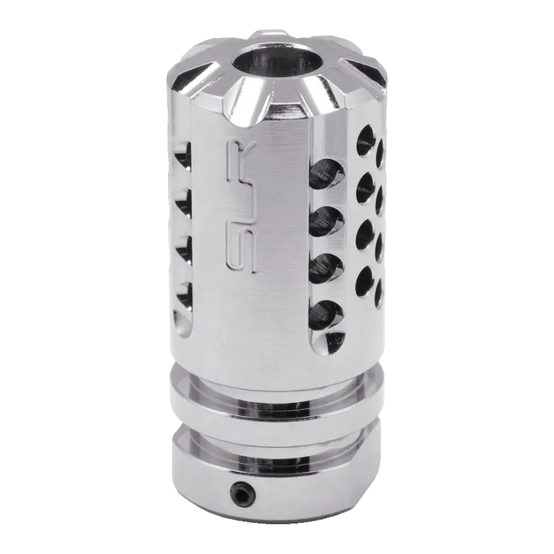 Cache-flamme Dytac SLR Synergy Mini Titanium debout, logo SLR gravé et vis de blocage