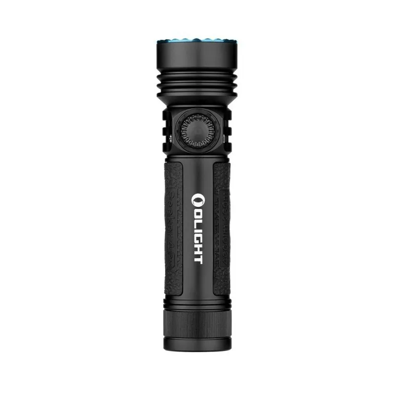 Lampe Olight Seeker 4 Pro noire, vue de dessus avec bouton latéral