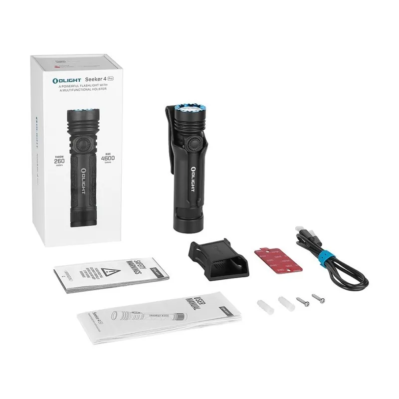 Olight Seeker 4 Pro, contenu de la boîte : lampe, holster, câble, visserie