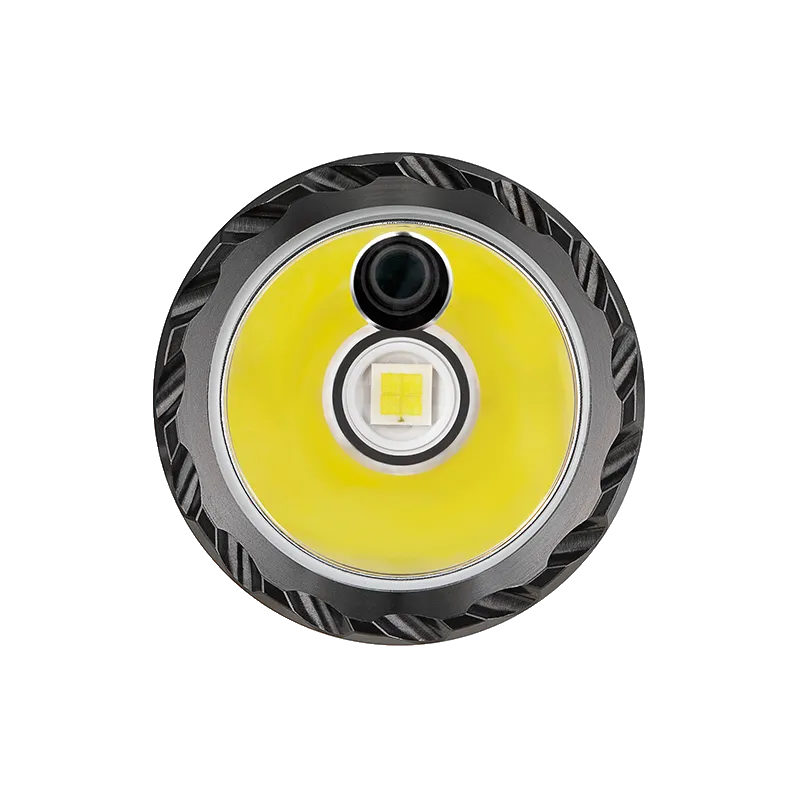 Olight Odin GL Mini vue de face : LED blanche et fenêtre du laser vert