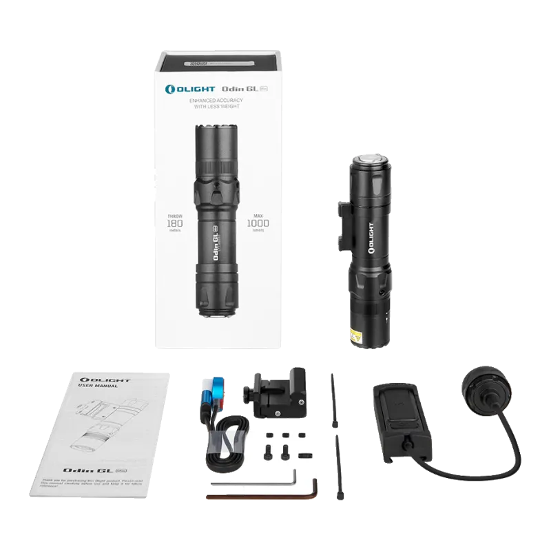 Contenu de la boîte Olight Odin GL Mini : lampe, montage, câble MCC, contacteur, notice