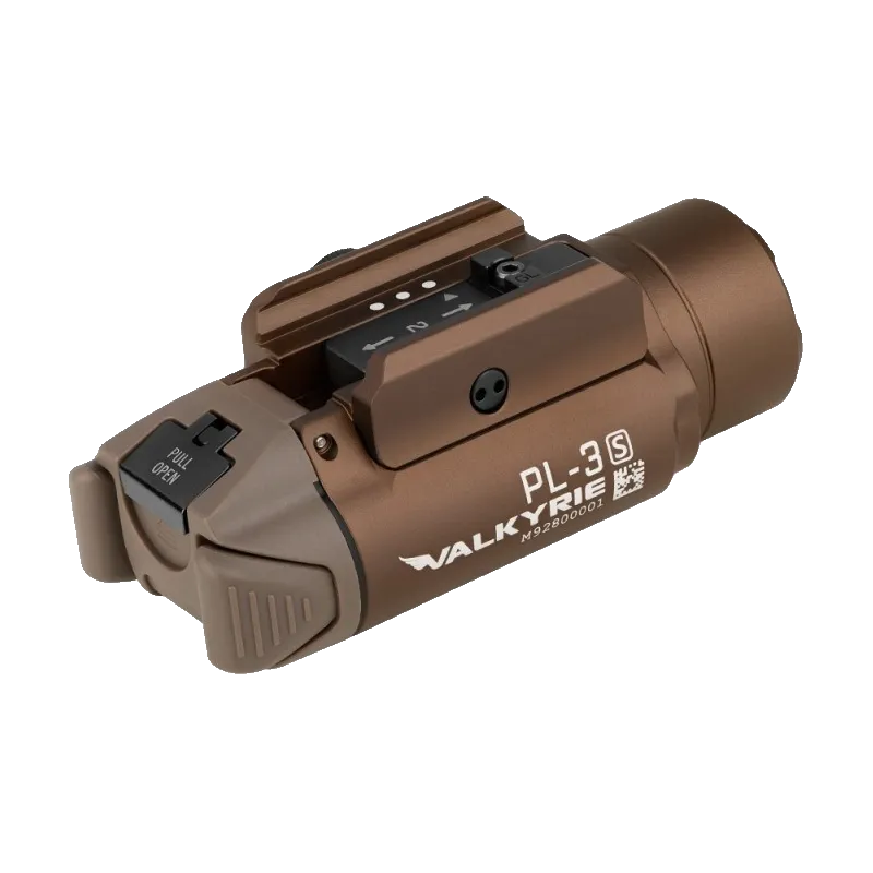 Olight PL-3S Valkyrie tan, vue trois quarts arrière avec marquage PL-3S