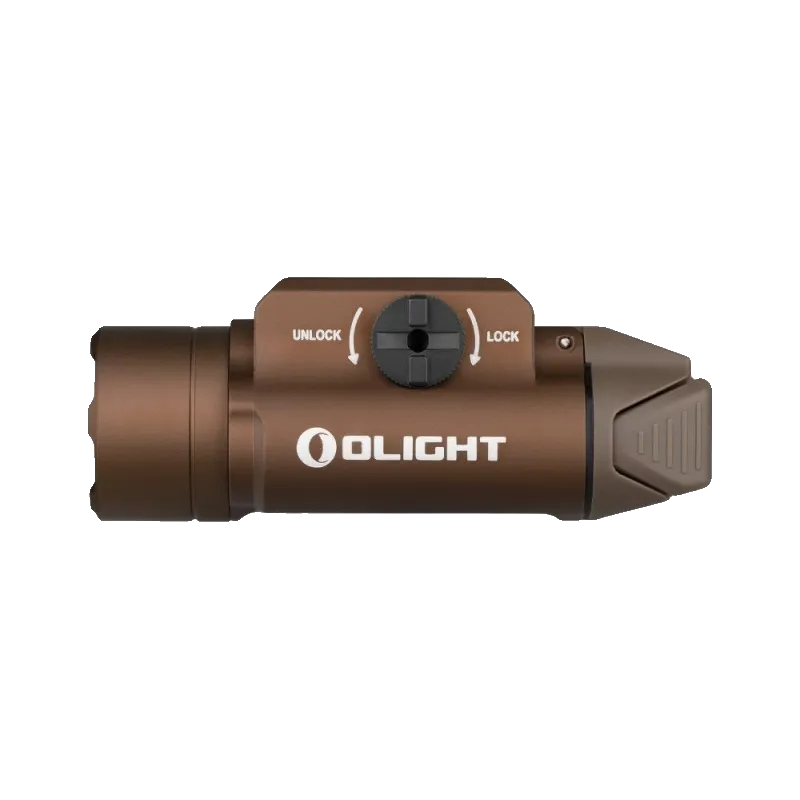 Lampe Olight PL-3S Valkyrie tan, vue de profil côté logo Olight