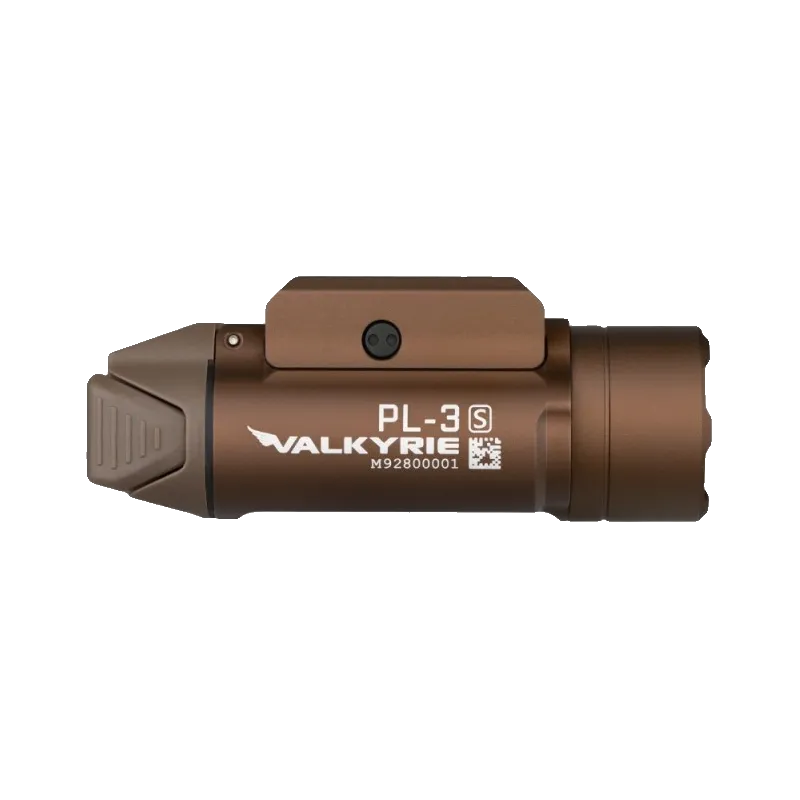Lampe Olight PL-3S Valkyrie tan, vue de profil côté marquage Valkyrie
