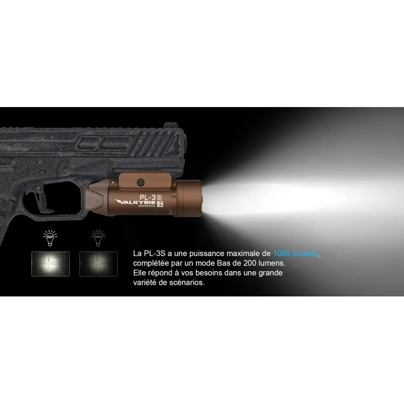 Olight PL-3S Valkyrie tan montée sur pistolet, puissance 1000 lumens