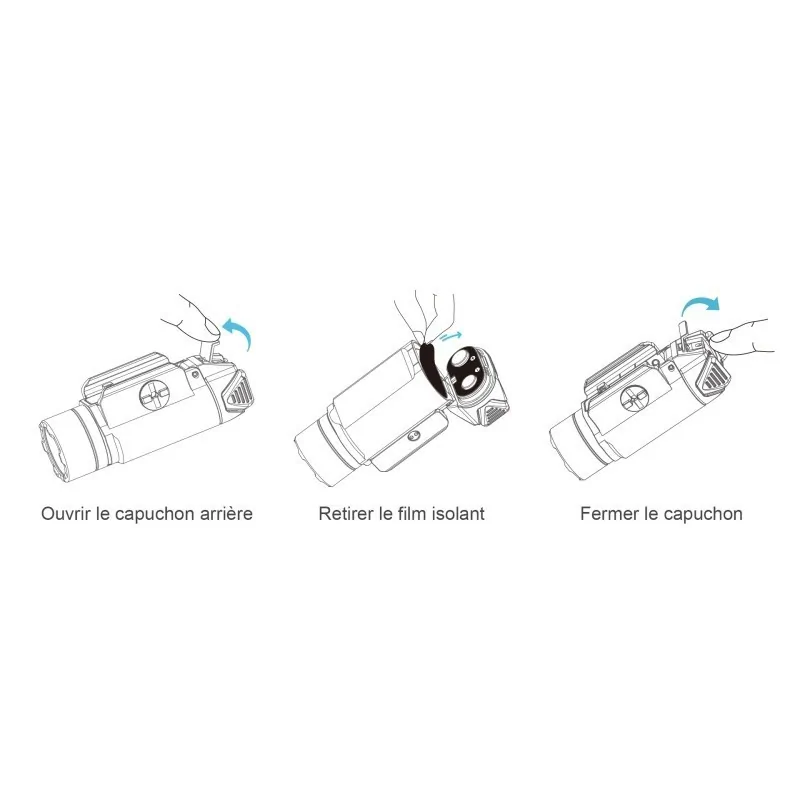 Schéma de mise en service de l'Olight PL-3S : retrait du film isolant
