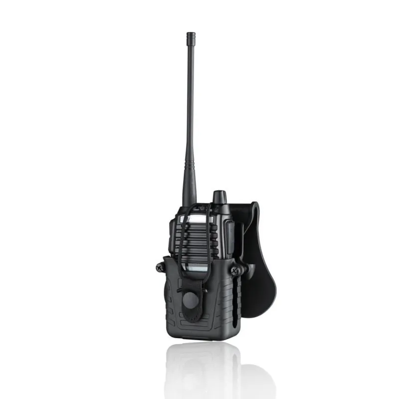 Porte-radio Amomax G2 avec talkie-walkie en place, vue de trois quarts (modèle noir)