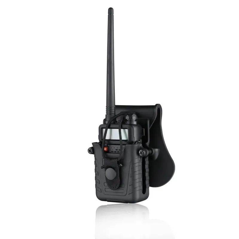Porte-radio Amomax G2 avec talkie-walkie, vue de trois quarts (modèle noir)