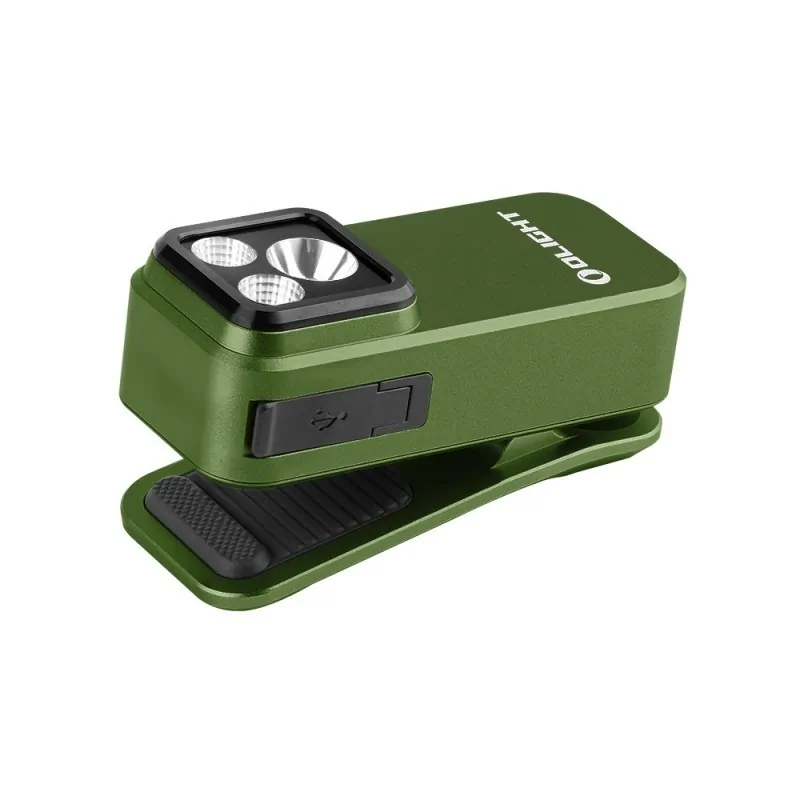 Lampe Olight Oclip Pro vert OD, vue de côté avec clip et port USB-C