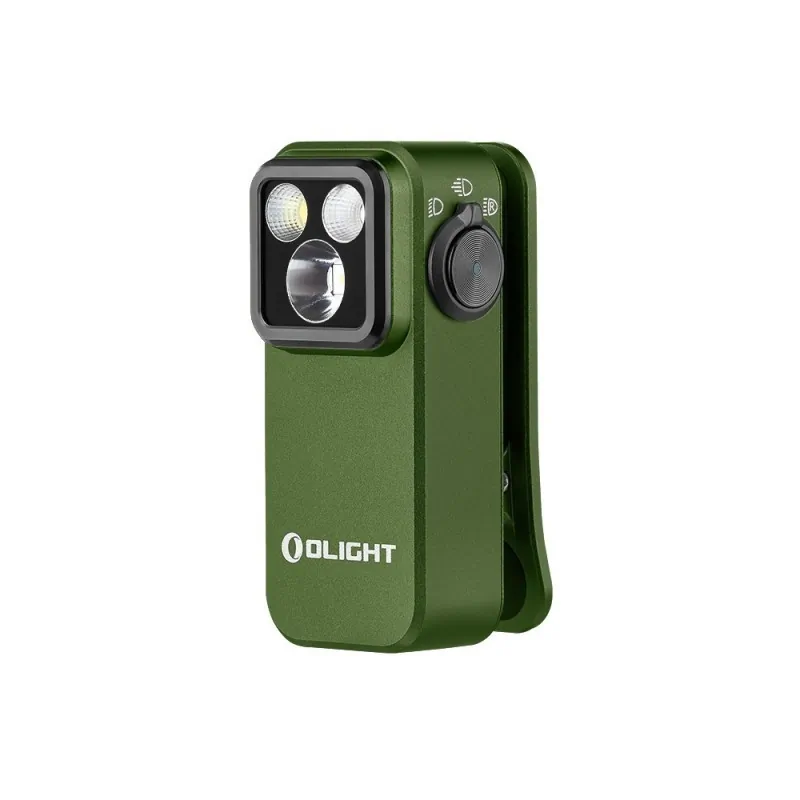 Lampe Olight Oclip Pro vert OD, vue de trois quarts avec sélecteur de mode