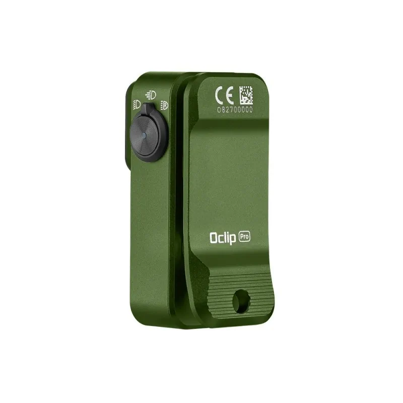 Lampe Olight Oclip Pro vert OD, vue arrière trois quarts avec sélecteur