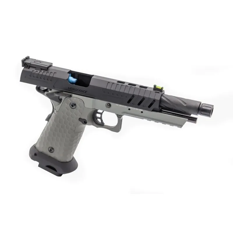 Pistolet GBB Vorsk Hi-Capa Vengeance gris, culasse ouverte montrant le canon et le hop-up