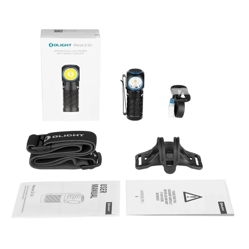 Olight Perun 2 Mini noire, contenu du pack : lampe, bandeau, support, câble et notices