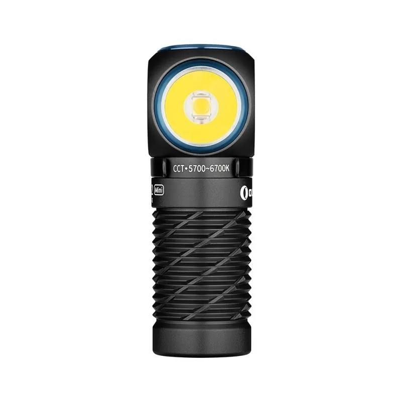 Olight Perun 2 Mini noire, gros plan de la tête et de la LED