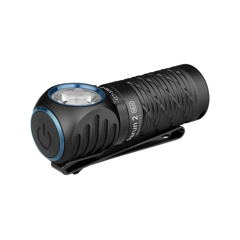 Olight Perun 2 Mini noire, vue de trois quarts avec bouton et clip