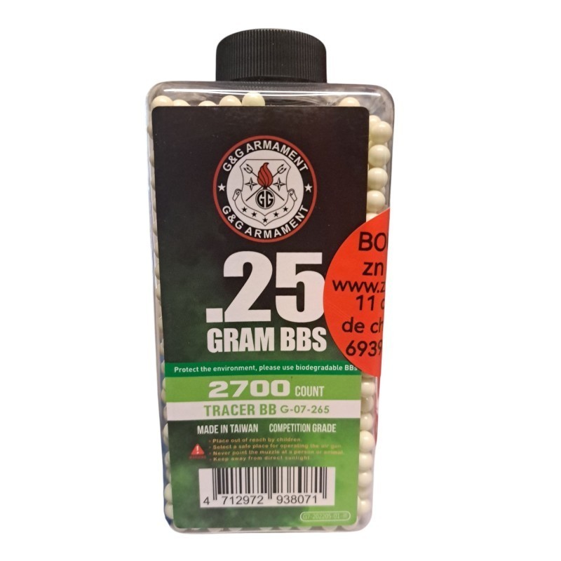 G&G Armament - Billes traçantes vertes Biodégradables 0.25g X 2700 bbs G&G Armament - Billes traçantes vertes Biodégradables 0.25g X 2700 bbs