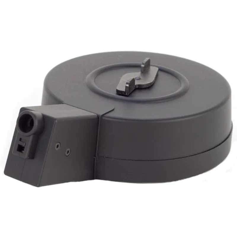 Drum Tokyo Marui 400 billes pour MP5, vue de dessus et boîtier de raccord
