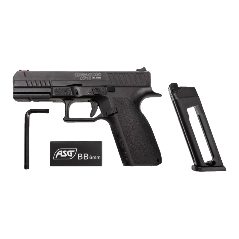 ASG Commander XP18 noir avec son chargeur, une clé et une boîte de billes